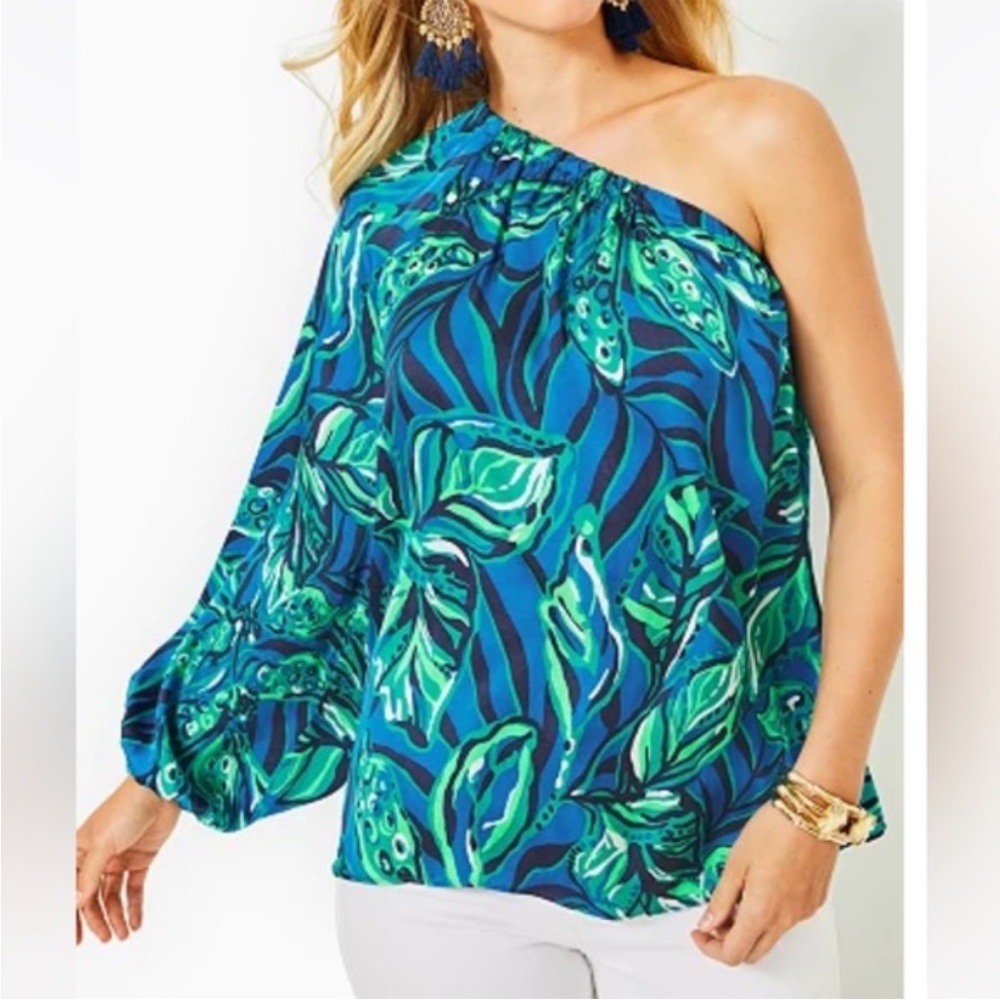 Lilly Pulitzer Adorlee One Shoulder Top Indigo Breeze Shady‎ Gators Blue/Green